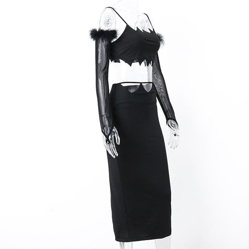 Solid hollow out mesh slit feather gloves midi skirt set