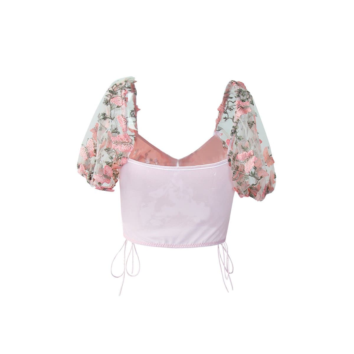 Bustier-Crop-Top mit Schmetterlingsstickerei und Kordelzug aus Netzstoff zum Schnüren 