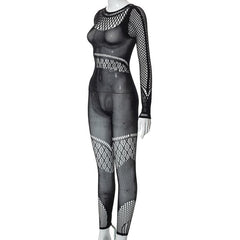 Hollow out solid fishnet long sleeve jumpsuit