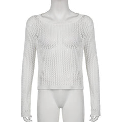 Knitted round neck long sleeve hollow out crochet top