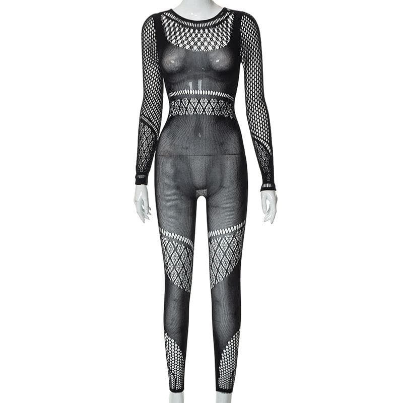 Hollow out solid fishnet long sleeve jumpsuit