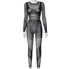 Hollow out solid fishnet long sleeve jumpsuit