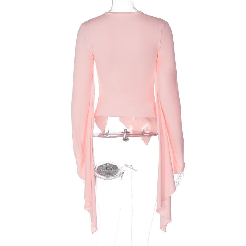 Irregular flared sleeve ruched crewneck solid top