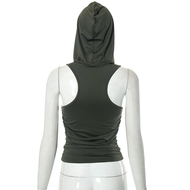 Hoodie hollow out solid ruched sleeveless top