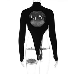 High neck long sleeve solid hollow out backless bodysuit