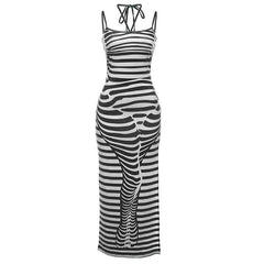 Slit halter self tie striped backless body print maxi dress