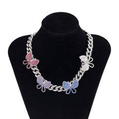 Butterfly rhinestone multicolor cuban necklace