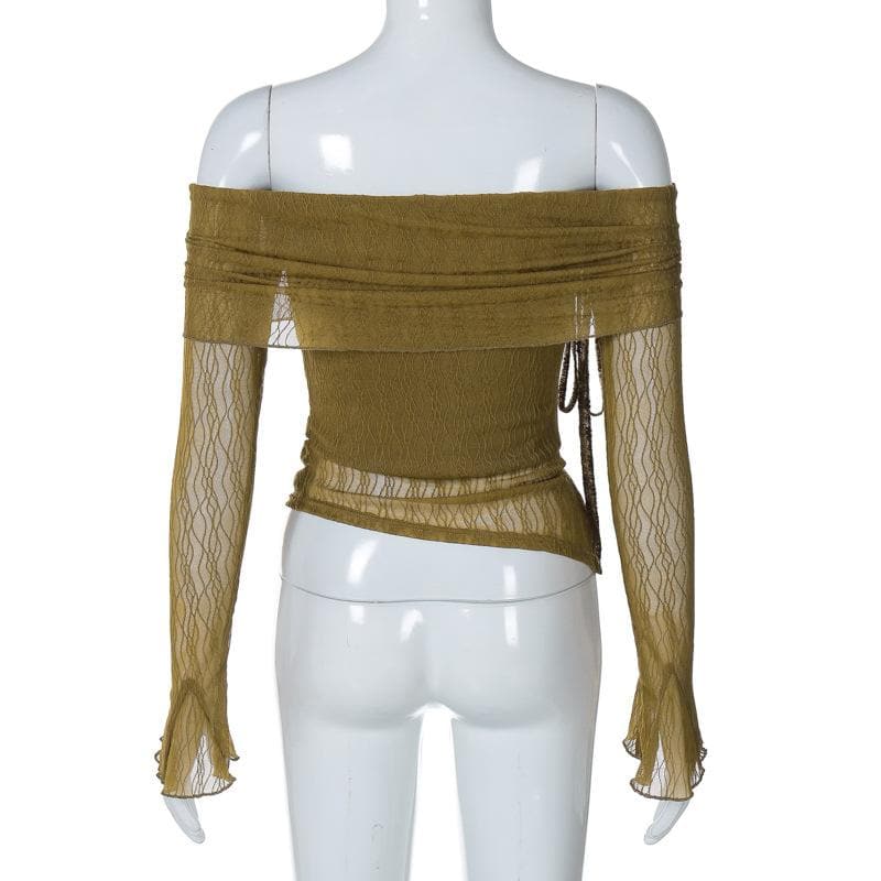 Long flared sleeve off shoulder drawstring ruched mesh top