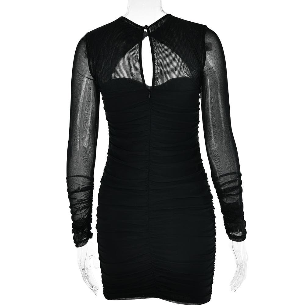 Hollow out ruched mesh long sleeve zip-up button mini dress