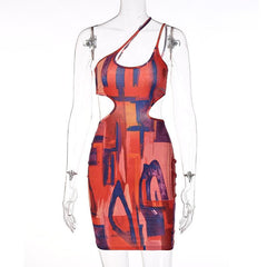 One shoulder hollow out contrast print sleeveless backless mini dress