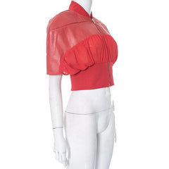 Ruched zip-up short sleeve PU leather patchwork crop top