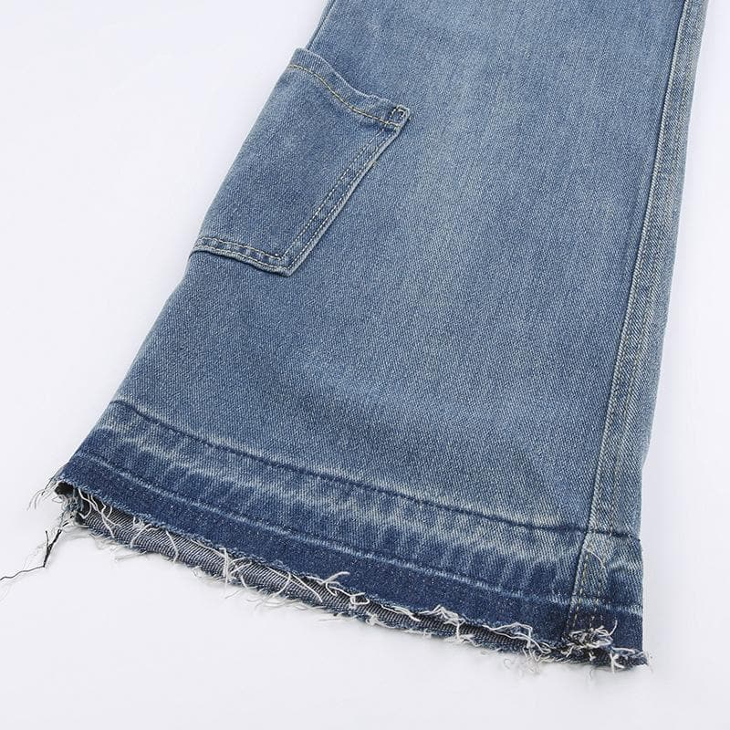 Contrast star pattern raw hem pocket straight leg jeans