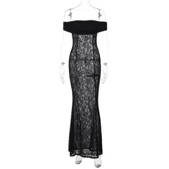 Lace off shoulder see through solid ruched maxi dress