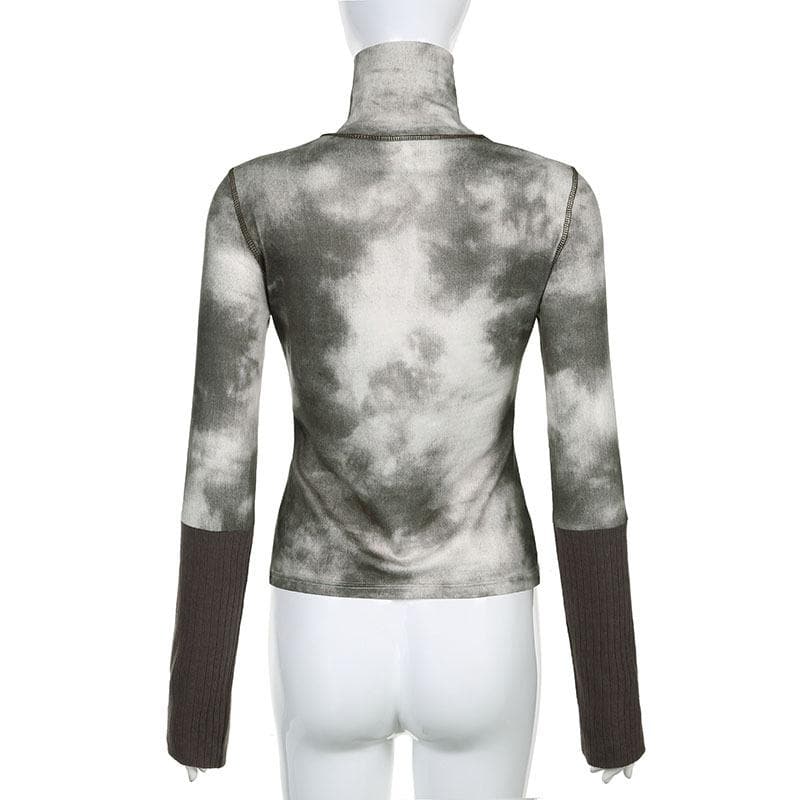 Knitted patchwork high neck tie dye contrast long sleeve top