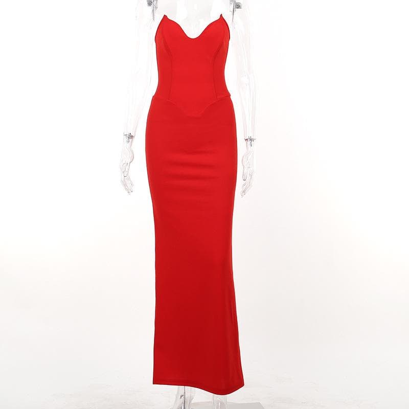 Zip-up solid v neck backless slit tube maxi dress