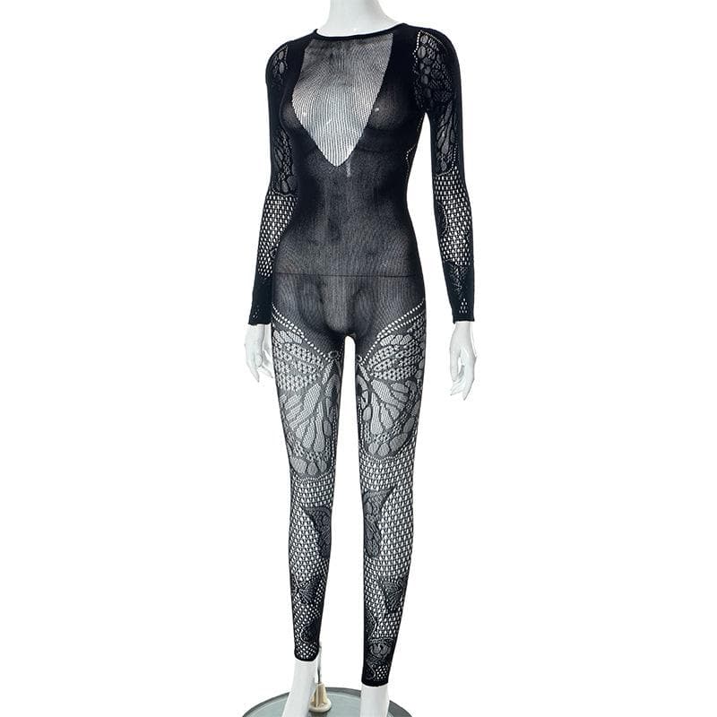 Einfarbiger Jumpsuit mit Fischnetz-Design und langen Ärmeln und Schmetterlingsmuster