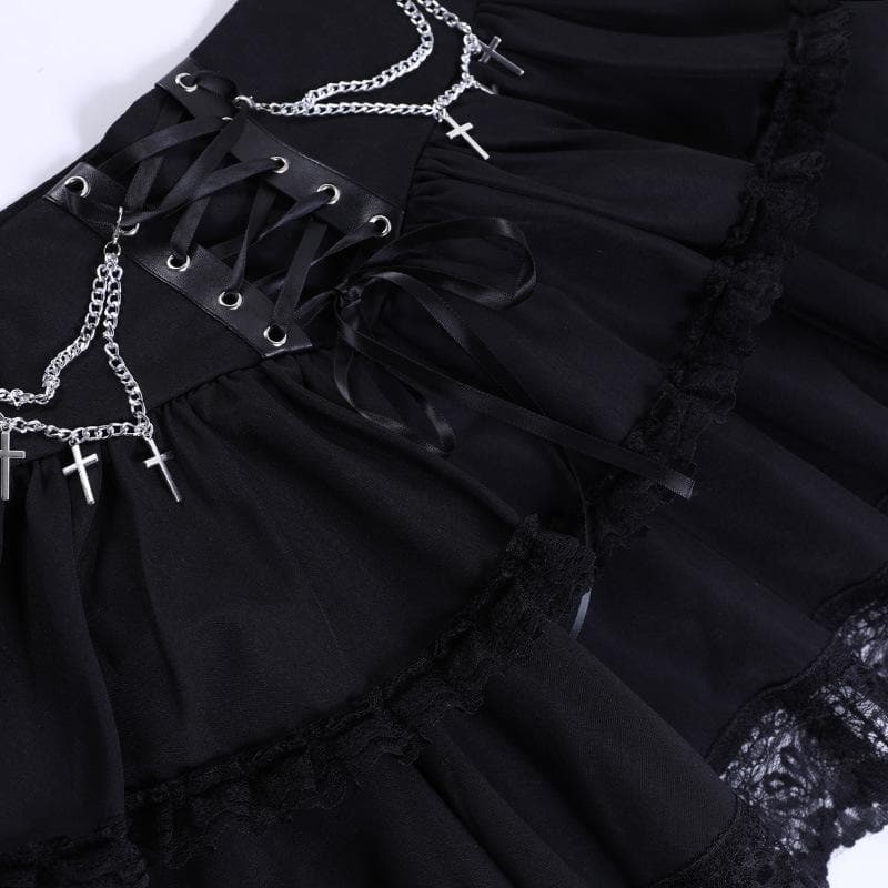 Ruched lace hem metal chain lace up zip-up mini skirt | victorian gothic dresses