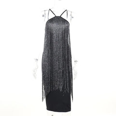 Tassels contrast backless sleeveless midi dress