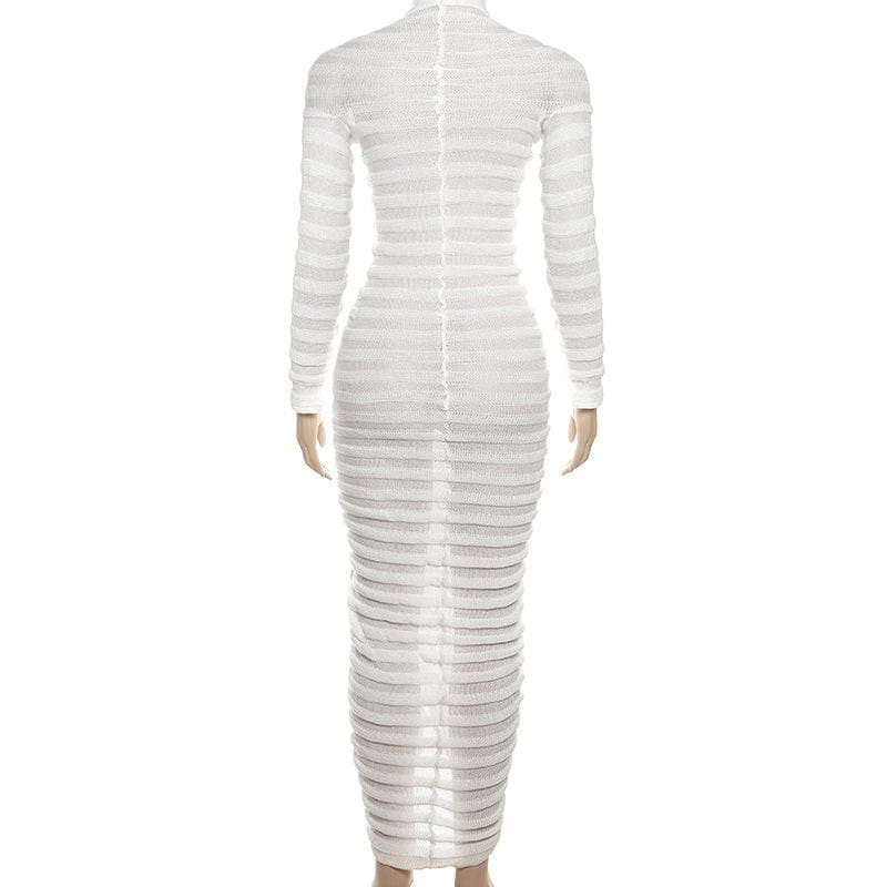 Textured long sleeve solid see through ruched maxi dress