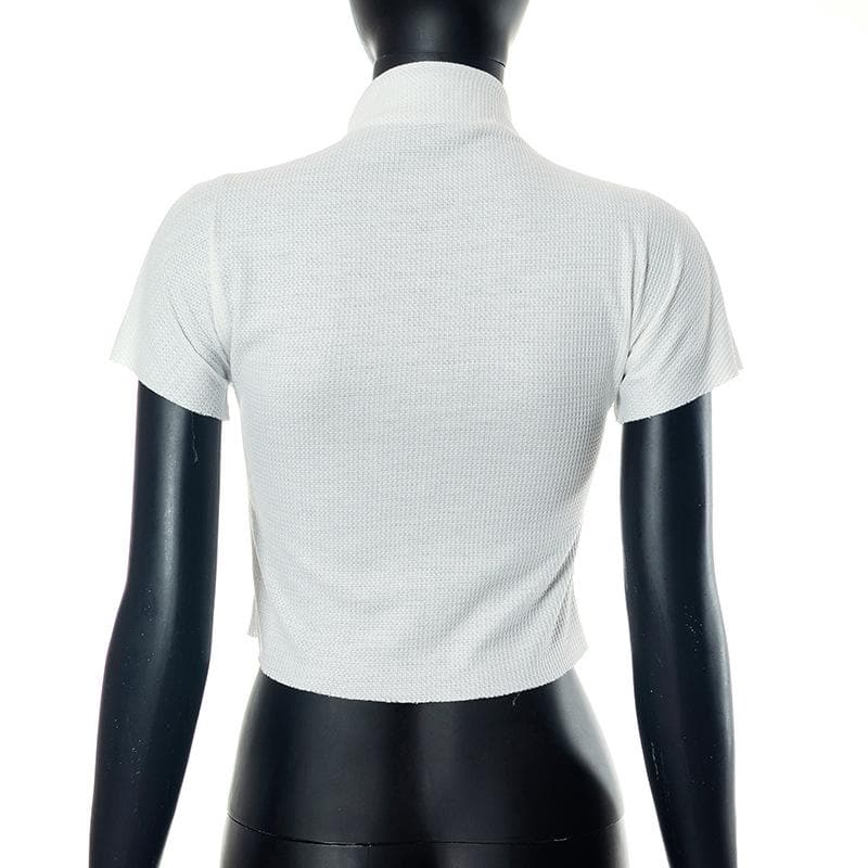 High neck short sleeve abstract contrast textured crop top