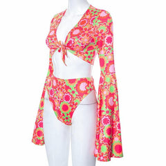 Flower print contrast flared sleeve self tie v neck pant set