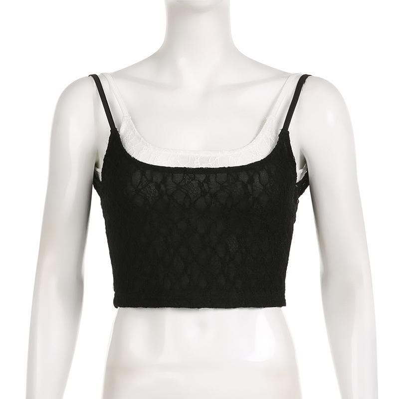 Lace patchwork contrast backless sleeveless crop top - Final Sale