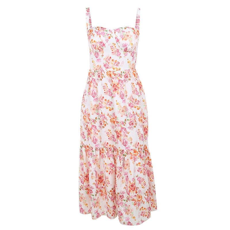 Ruched flower print contrast sleeveless midi dress