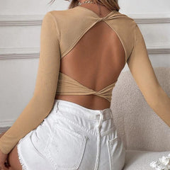 Knotted backless solid long sleeve ribbed crop top