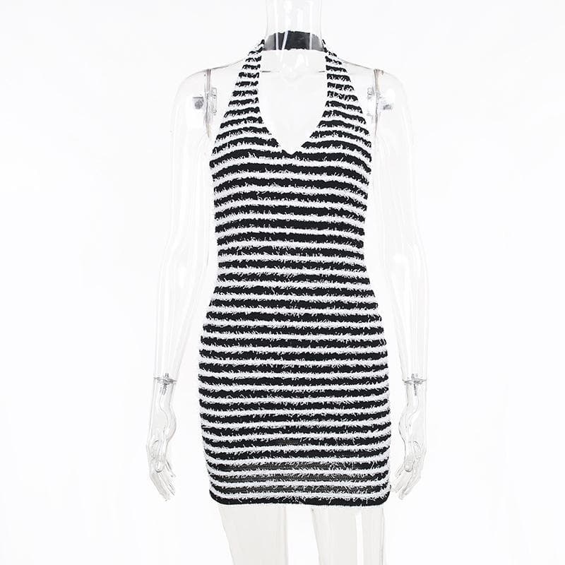 Contrast striped fluffy backless v neck halter mini dress