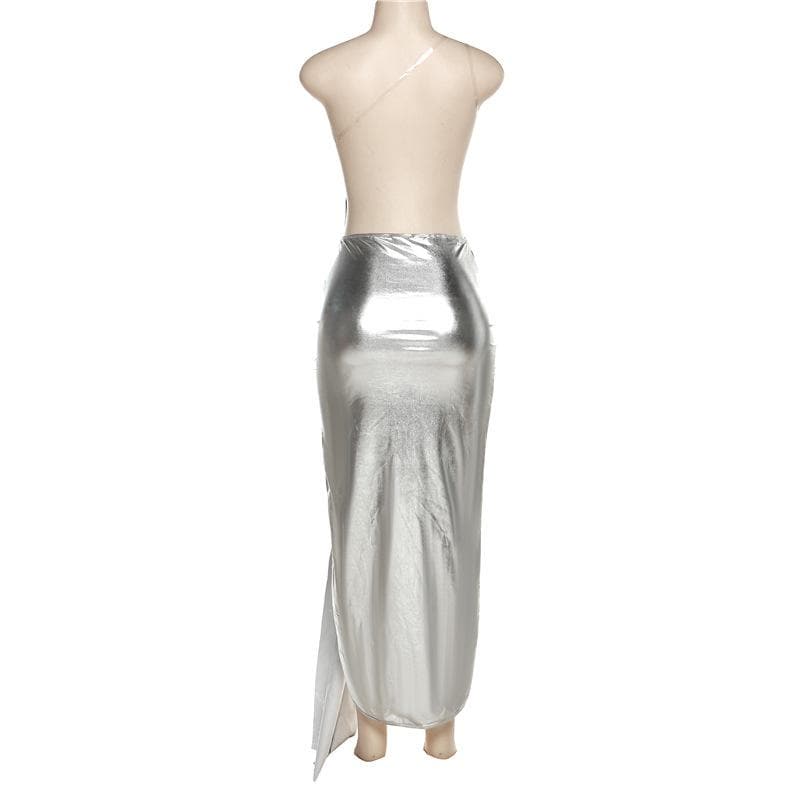 Metallic one shoulder irregular backless maxi dress