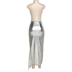 Metallic-Maxikleid mit unregelmäßigem Rücken und One-Shoulder-Träger