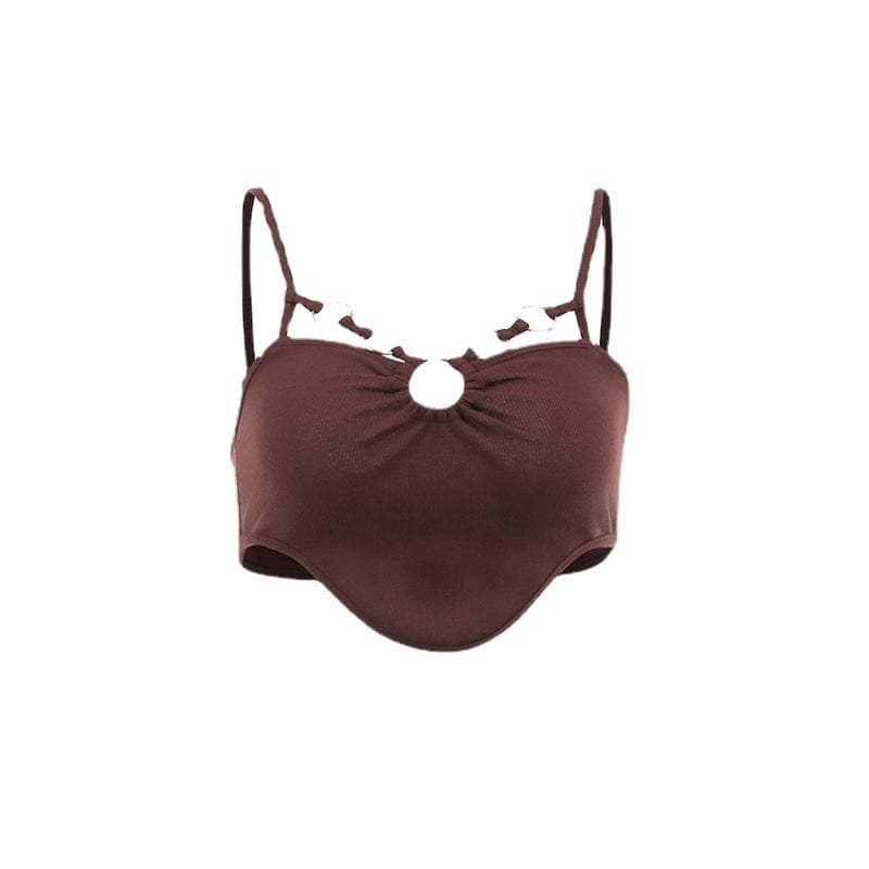 Rückenfreies Camisole-Crop-Top mit ausgehöhltem, einfarbigem O-Ring und Rüschen 