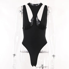 Hollow out crewneck sleeveless solid ruched bodysuit