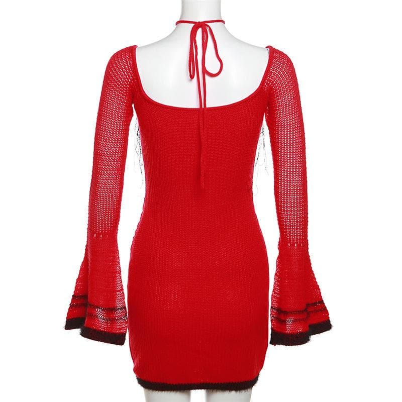 Knitted cross front contrast halter long flared sleeve button mini dress