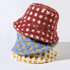 Plaid fluffy contrast fisherman bucket hat