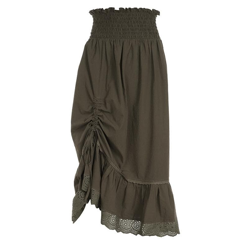 Drawstring solid lace hem smocked irregular midi skirt