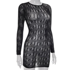 Fishnet see through long sleeve hollow out mini dress