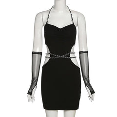 Hollow out side metal chain halter mesh gloves dress