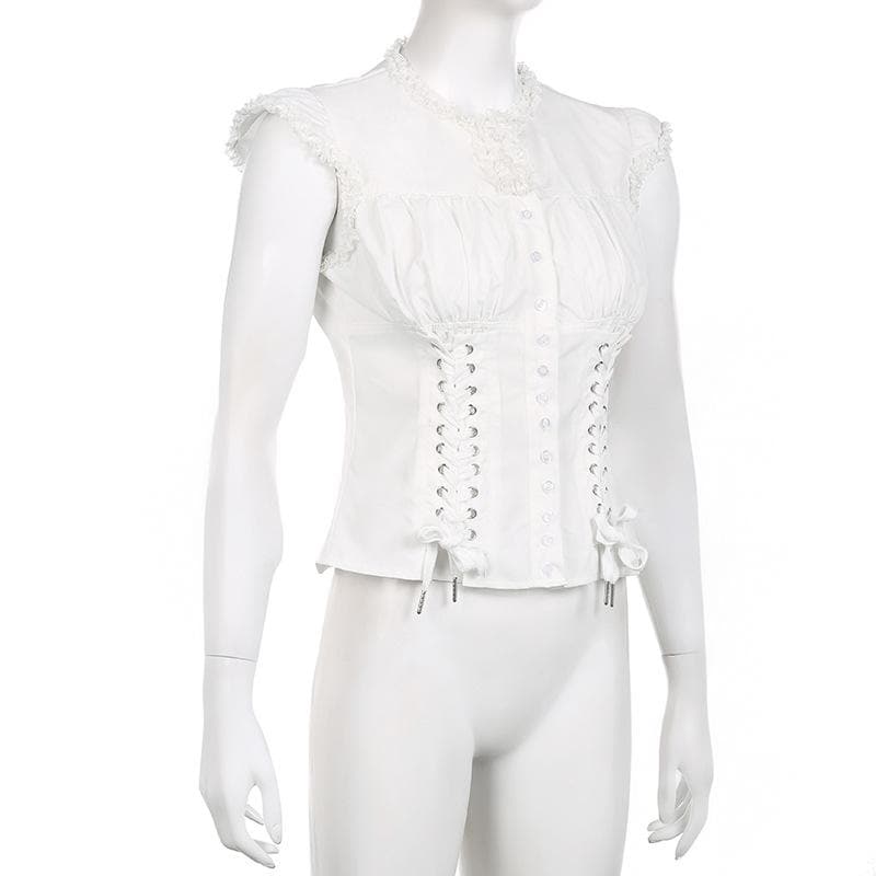 Ruffle cap sleeve lace up ruched corset button top