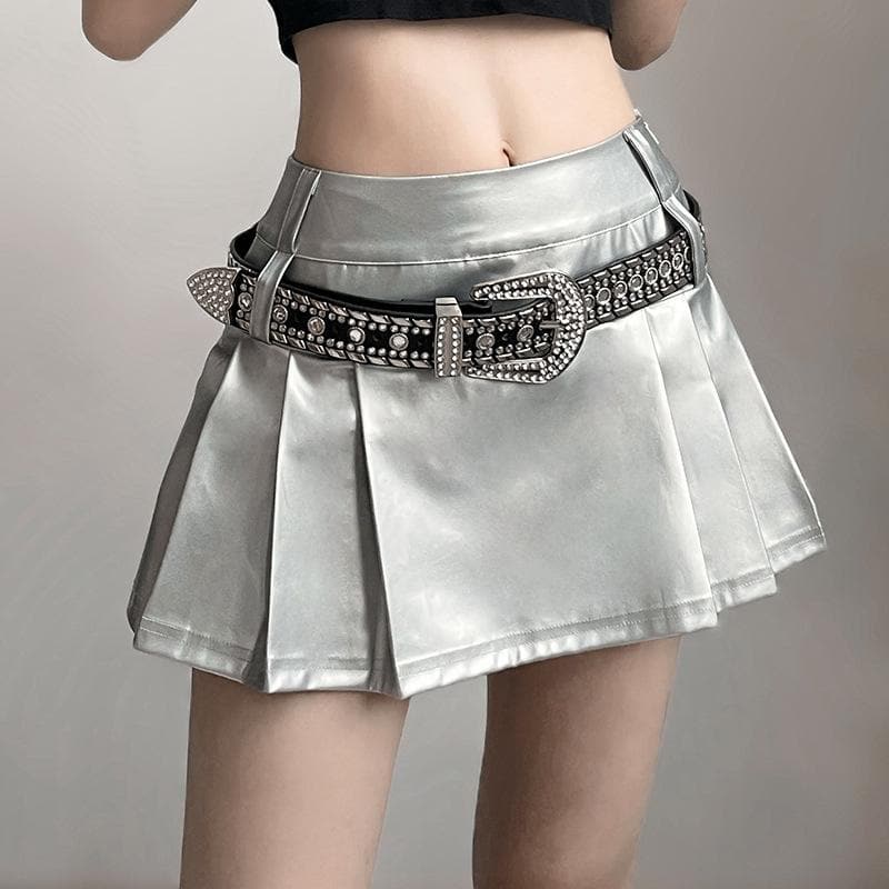 Zip-up metallic pleated medium rise solid mini skirt