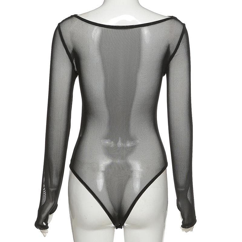 Long sleeve satin mesh see-through bodysuit