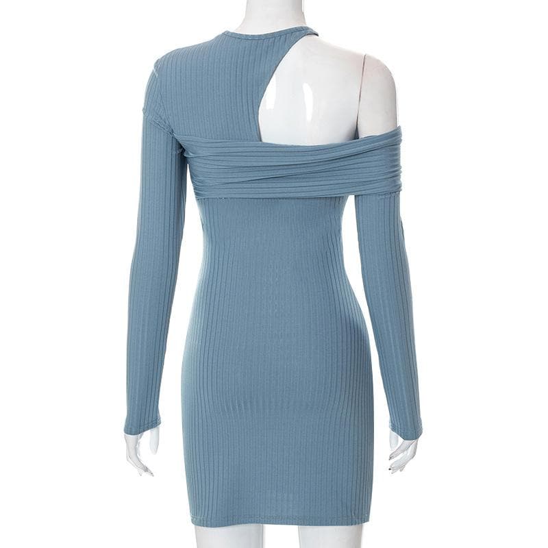 Irregular off shoulder ribbed solid ribbed long sleeve mini dress