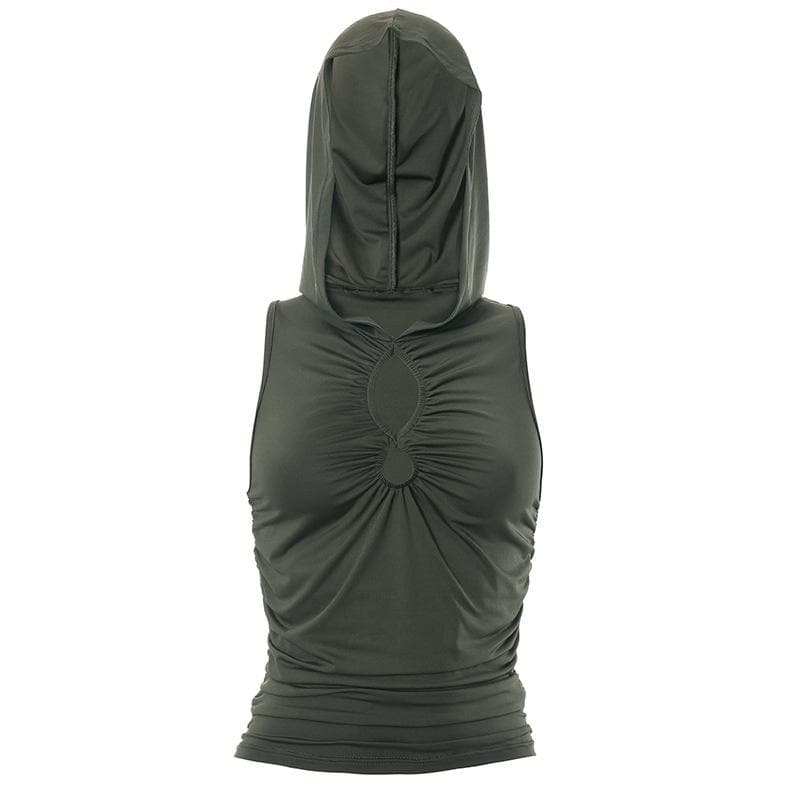 Hoodie hollow out solid ruched sleeveless top