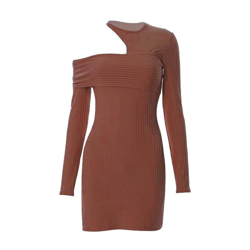 Irregular off shoulder ribbed solid ribbed long sleeve mini dress