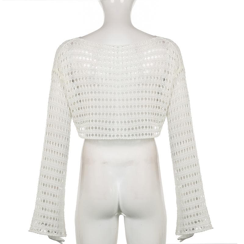 Knitted hollow out asymmetrical long flared sleeve crochet crop top