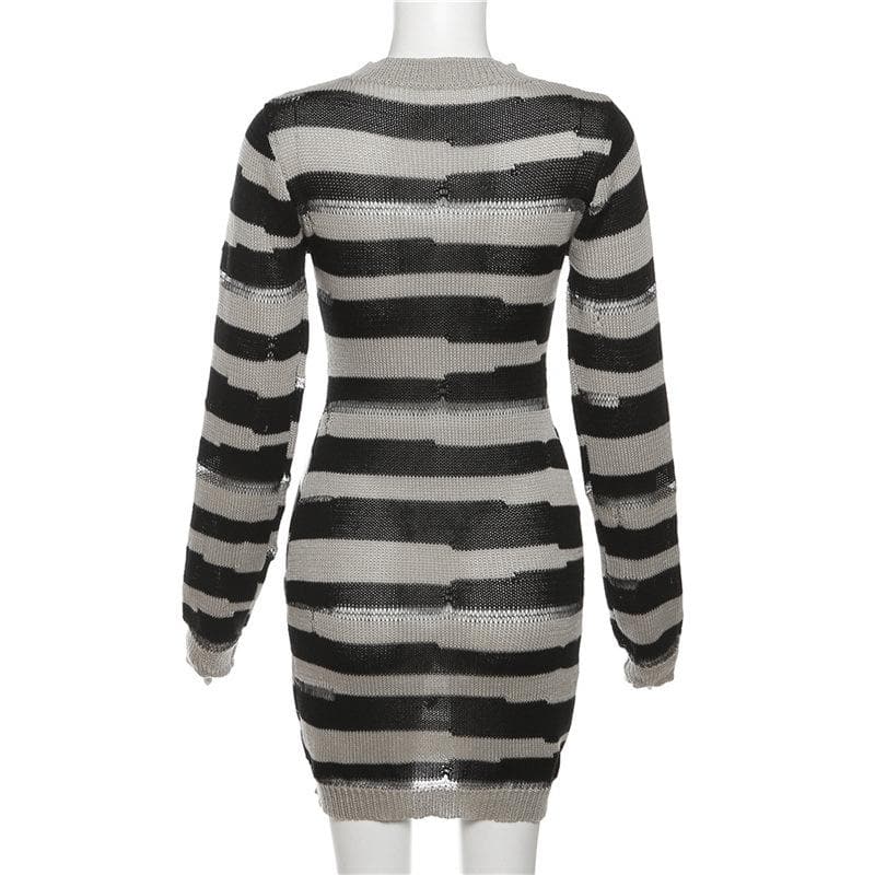 Crochet striped contrast long sleeve crewneck mini dress