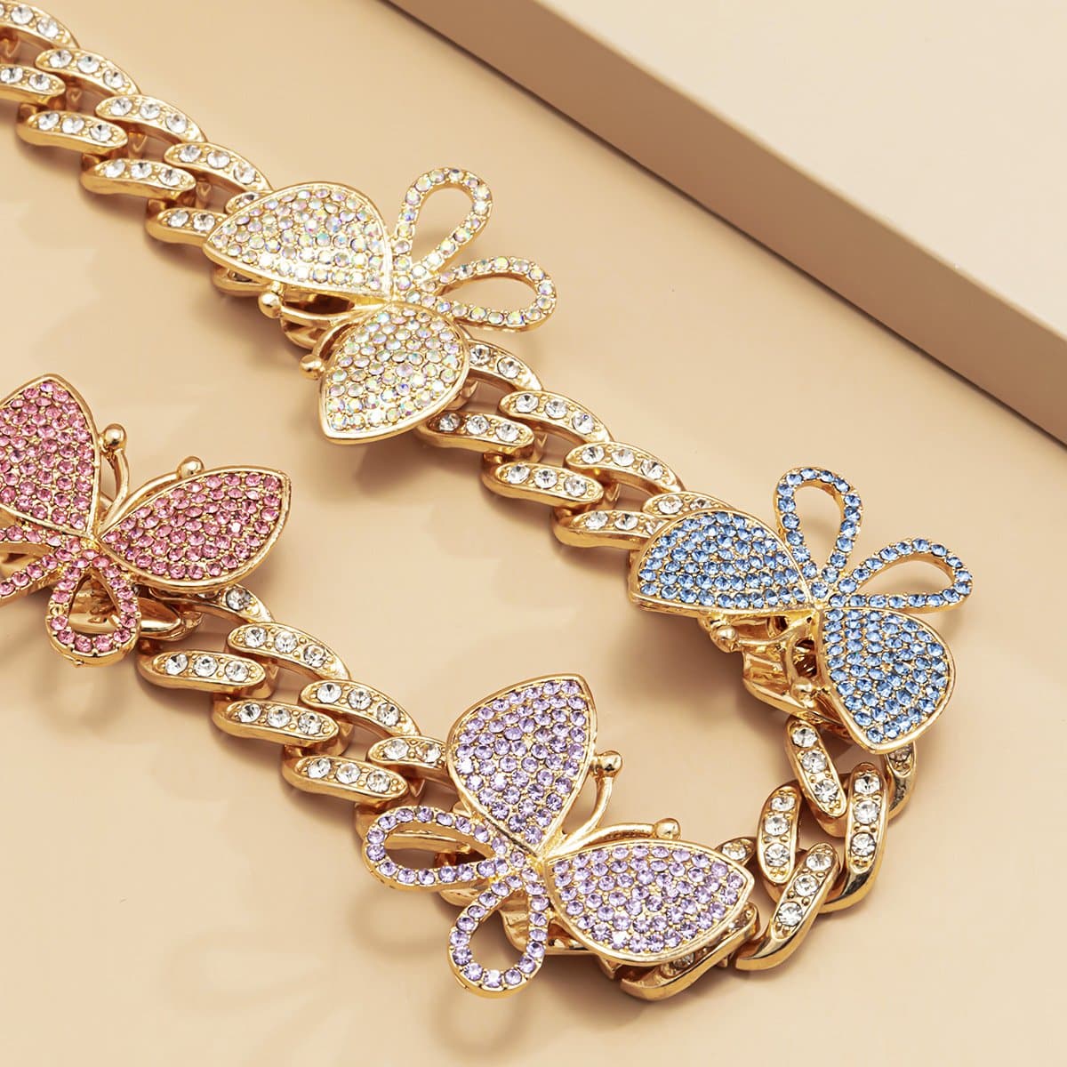 Butterfly rhinestone multicolor cuban necklace