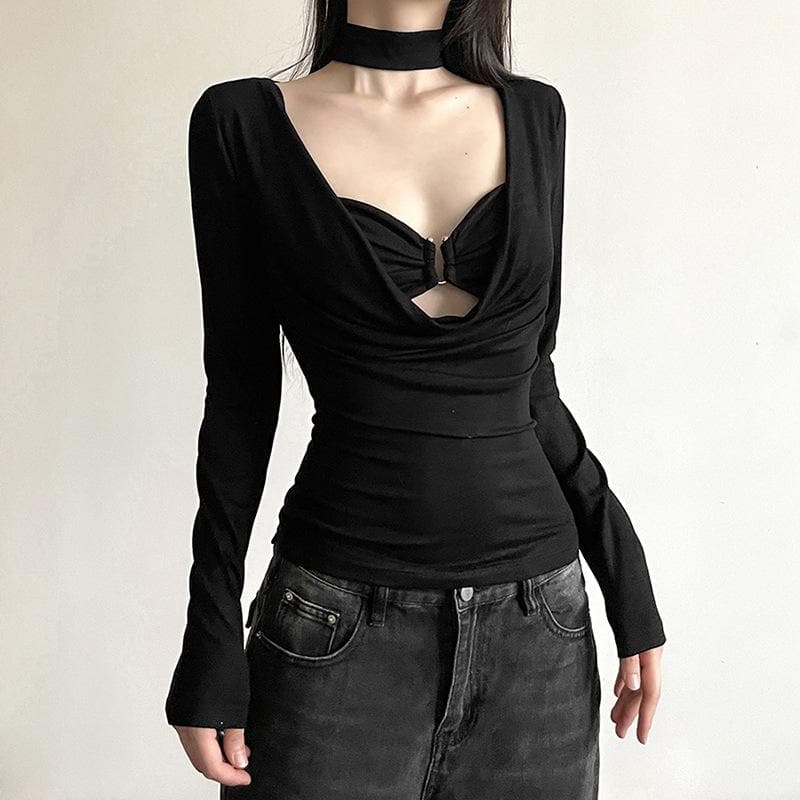 Zweiteiliges Camisole-Oberteil mit Wasserfallausschnitt, langen Ärmeln und gerüschtem Choker