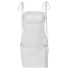 Hollow out self tie solid backless mini dress