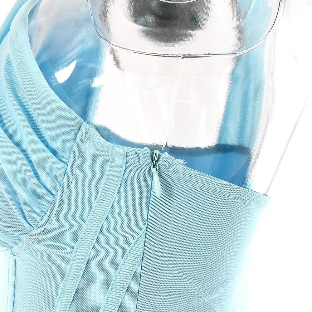 Gerüschtes, ausgehöhltes, transparentes Netz-Minikleid mit einer Schulter und Reißverschluss